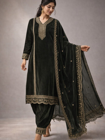 Pure velvet afghani suit with shawl
