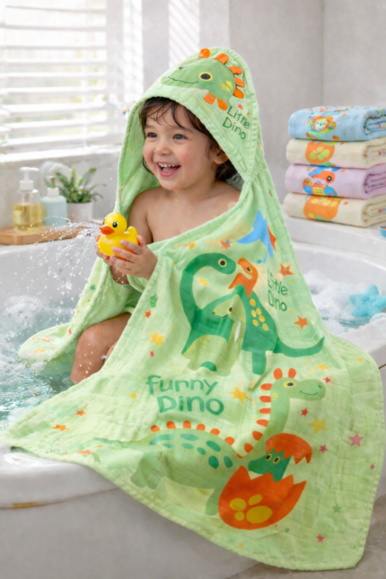 Muslin Printed Baby Bath Towel – Dino Theme