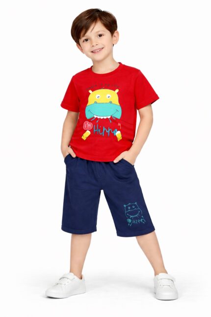 Kids Cartoon Capri Set | Hippo Print T-Shirt & Shorts Co-ord Set