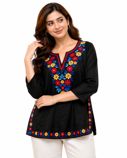 Women’s Embroidered Black Shirt (Size Free)