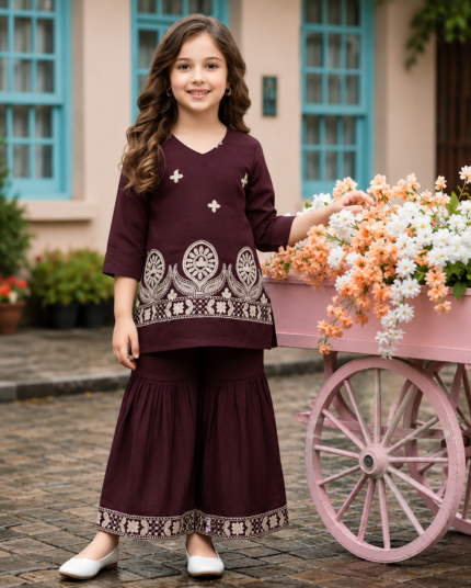 Girls Embroidered Kurti & Sharara Set / Ethnic Co-Ord Set