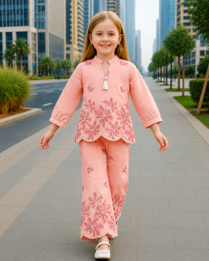 Elegant Floral Embroidered Co-Ord Set for Girls