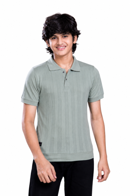 BOYS MATT JACQUARD COLLAR T-SHIRT WITH BAND & SLEEVE PIPING