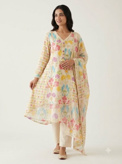 Women's Premium Heavy White Embroidered Mustard Kurta Set