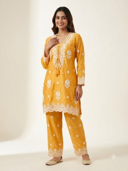 Women's Premium Heavy White Embroidered Mustard Kurta Set