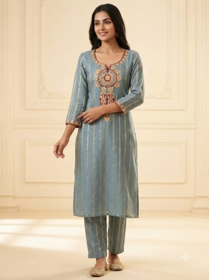 Women's Premium Heavy White Embroidered Mustard Kurta Set