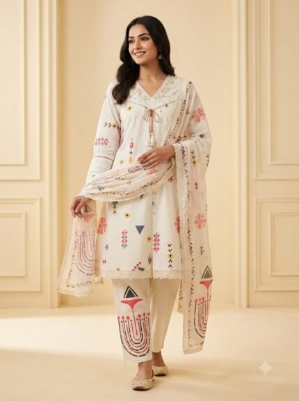 Women's Premium Heavy White Embroidered Mustard Kurta Set
