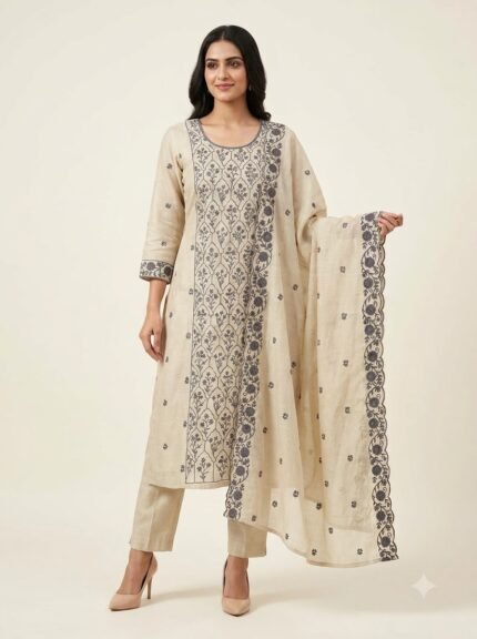 Women's Premium Heavy White Embroidered Mustard Kurta Set