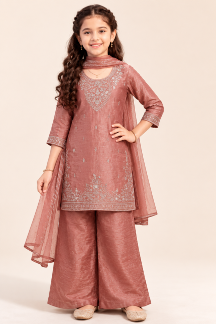 Girl Pink Rangoli Fabric Embroidered Palazzo Suit Set with Dupatta