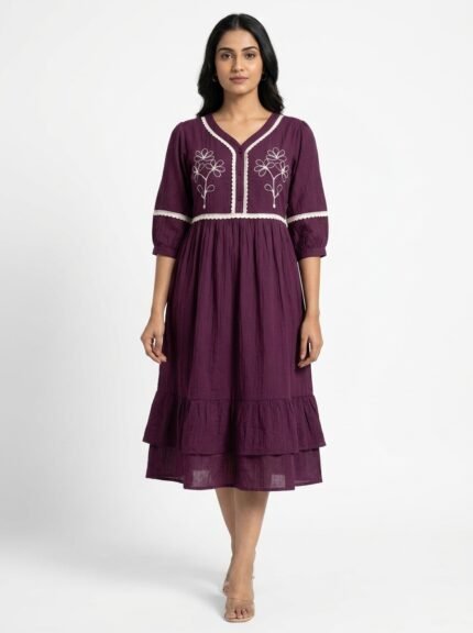 Women's Embroidered Tiered Midi Dress
