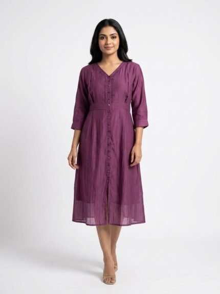 Women's Solid Front Button Midi Dress