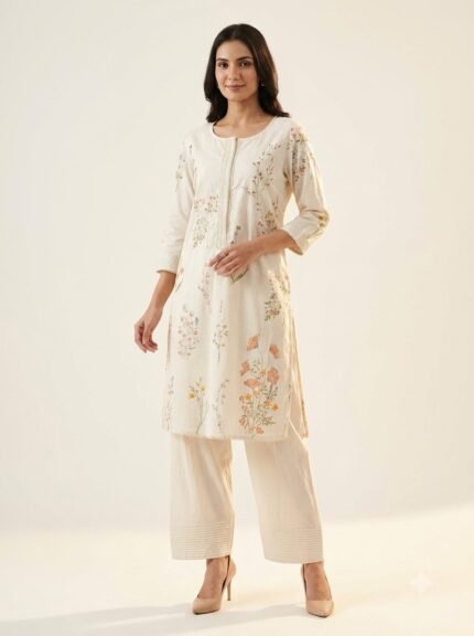 Women's Premium Heavy White Embroidered Mustard Kurta Set