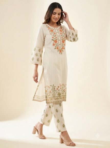 Women's Premium Heavy White Embroidered Mustard Kurta Set