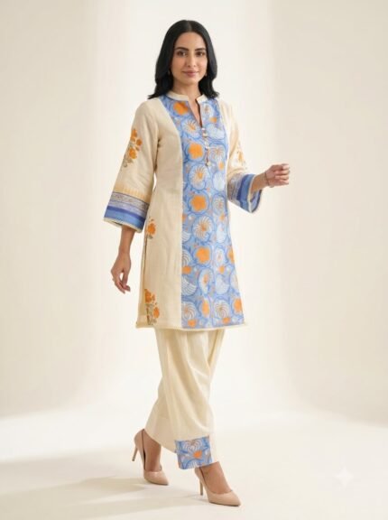Women's Premium Heavy White Embroidered Mustard Kurta Set