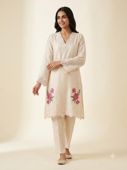 Women's Premium Heavy White Embroidered Mustard Kurta Set