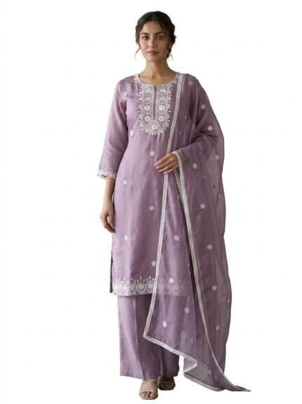 Women’s Lavender Embroidered Straight Kurta Set with Dupatta