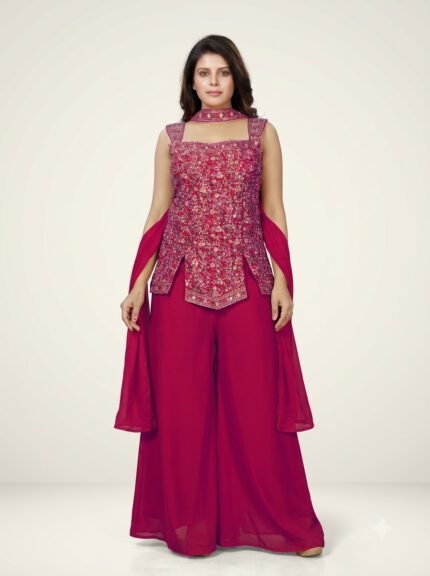 Girl Pink Rangoli Fabric Embroidered Palazzo Suit Set with Dupatta