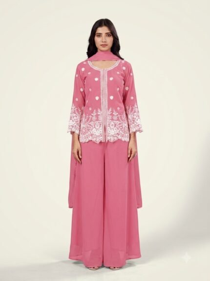Girl Pink Rangoli Fabric Embroidered Palazzo Suit Set with Dupatta