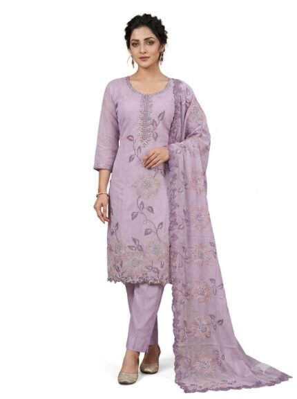 Women’s Lavender Embroidered Straight Kurta Set with Dupatta