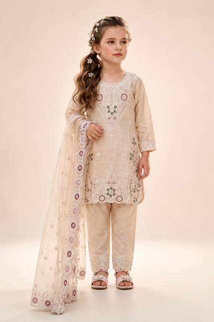 Girl Pink Rangoli Fabric Embroidered Palazzo Suit Set with Dupatta