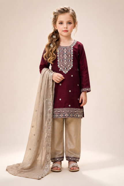 Girl Pink Rangoli Fabric Embroidered Palazzo Suit Set with Dupatta