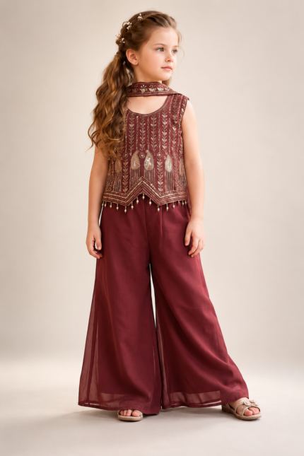 Girl Pink Rangoli Fabric Embroidered Palazzo Suit Set with Dupatta