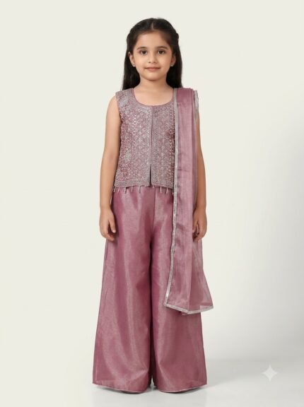 Girl Pink Rangoli Fabric Embroidered Palazzo Suit Set with Dupatta