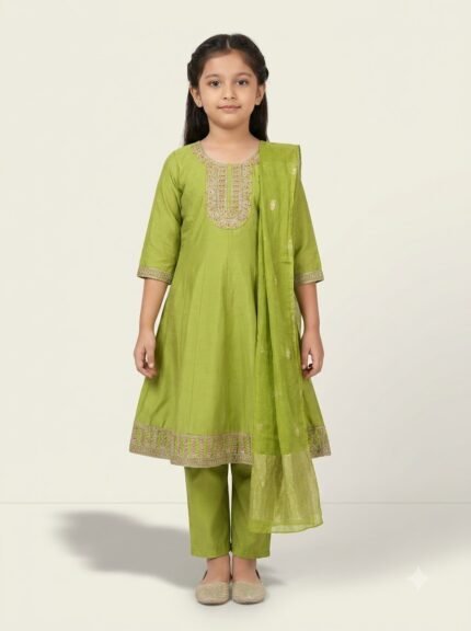 Girl Pink Rangoli Fabric Embroidered Palazzo Suit Set with Dupatta