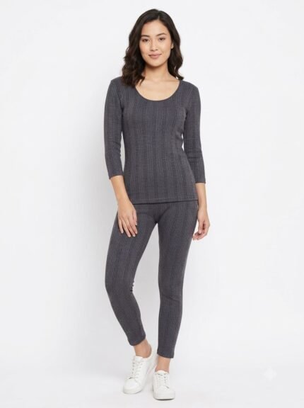 WOMen’s CHARCOAL ROUND NECK TOP & LEGGING Thermal-warmer Set