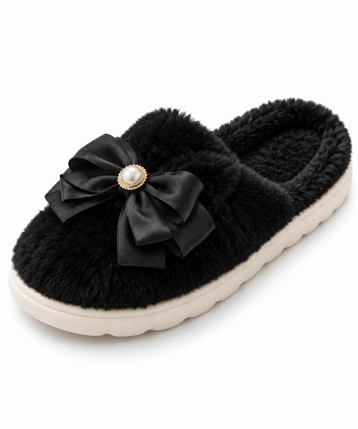 Black Fuzzy Slipper with Pearl Bow-4