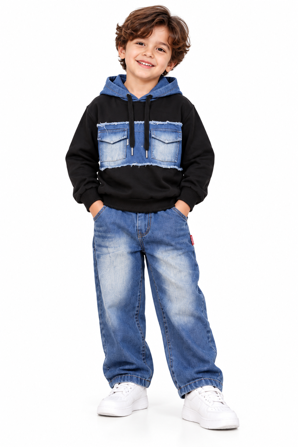Cheerful Boy in Denim-Panel Hoodie-1