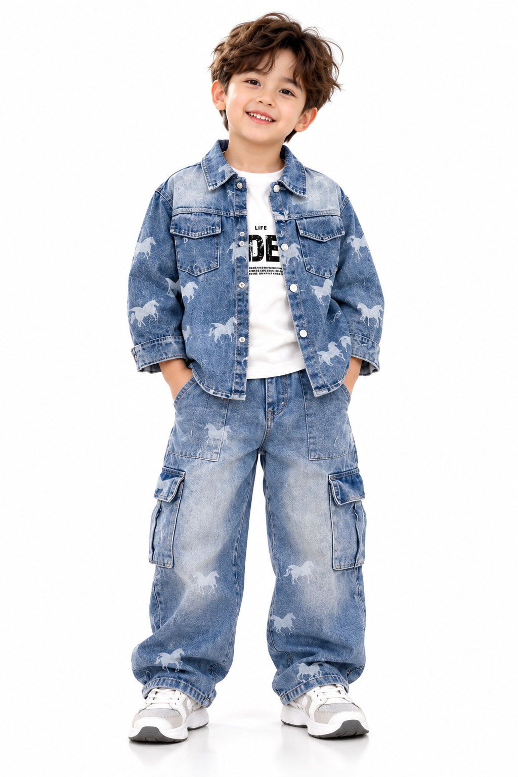 Cheerful Boy in Horse-Print Denim-1
