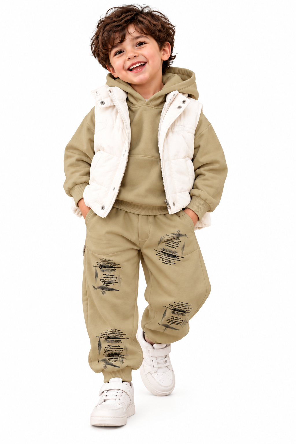 Cheerful Boy in Khaki and Cream Outfit
