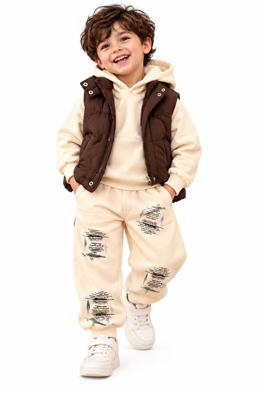 Cheerful Boy in Neutral Athleisure Outfit