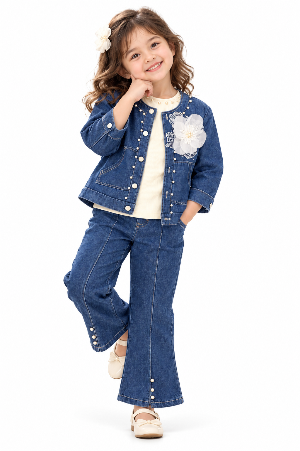Cheerful Denim Pearl Outfit Portrait
