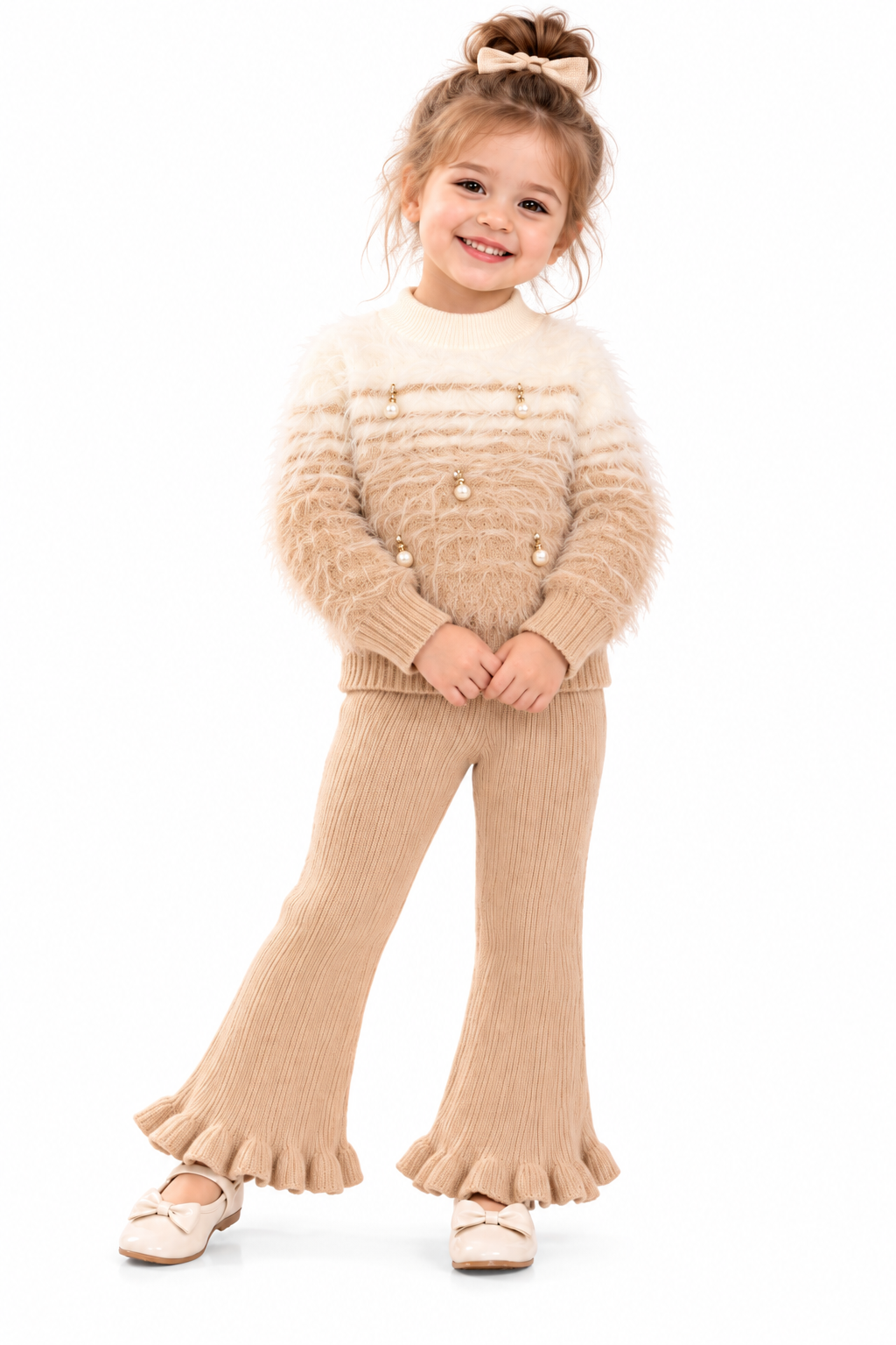 Cheerful Girl in Cozy Beige Knit Set