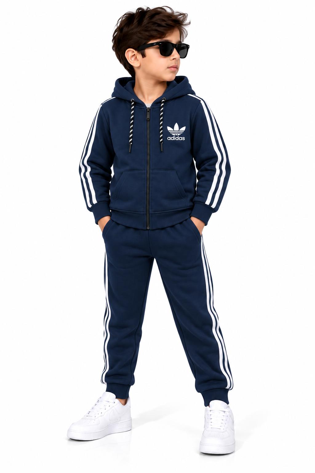 Confident Boy in Navy Tracksuit