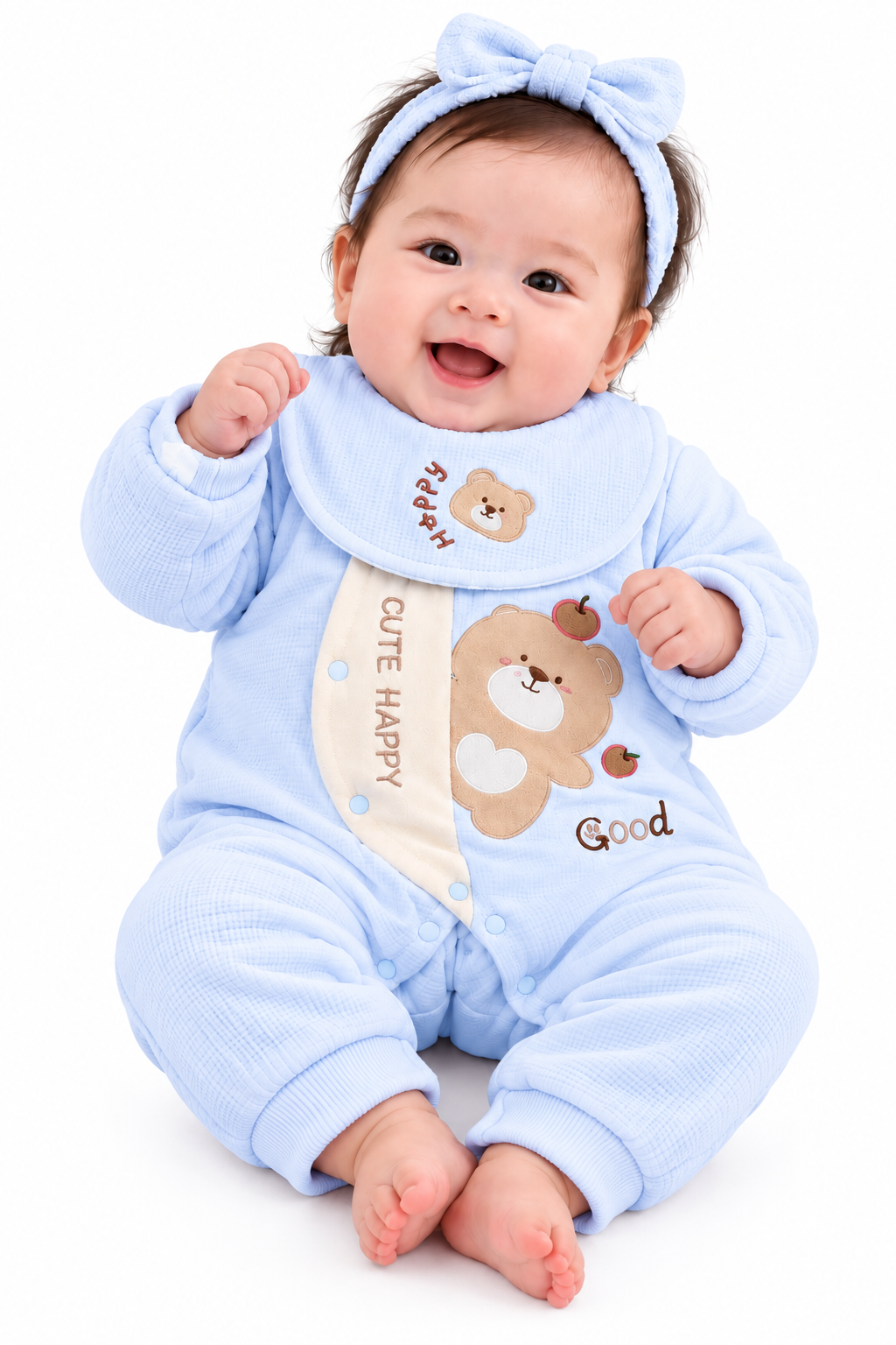 Happy Baby in Blue Teddy Romper