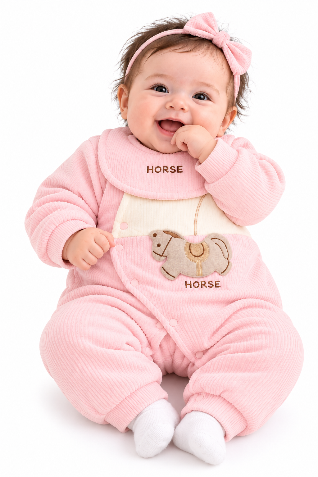 Joyful Baby in Pink Horse Romper
