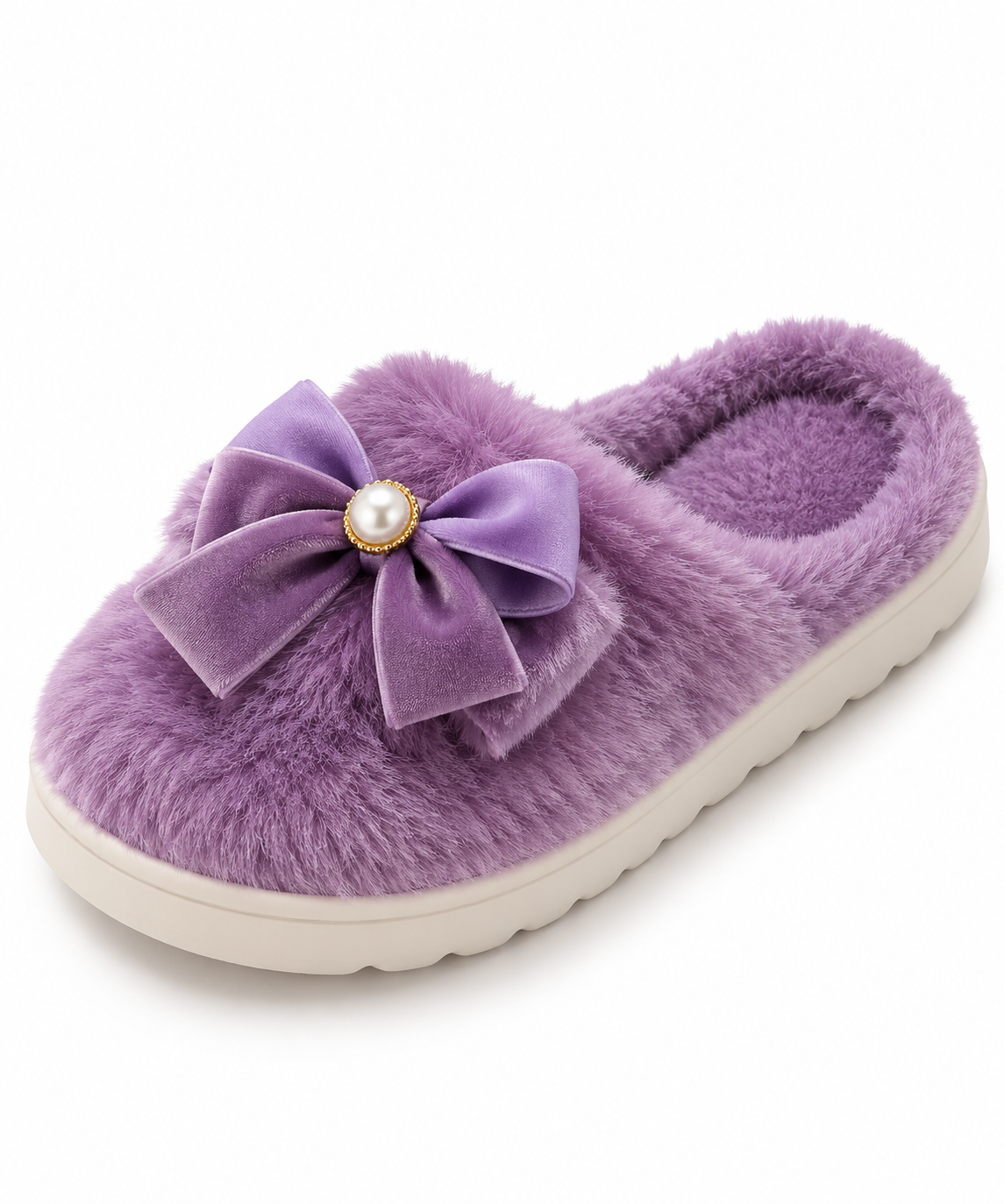 Lavender Fuzzy Slipper with Pearl Bow-2