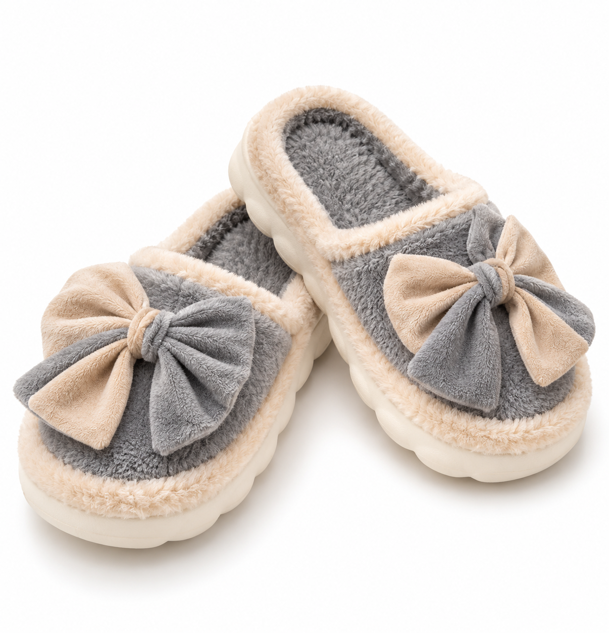 Plush Grey Bow Slippers-2