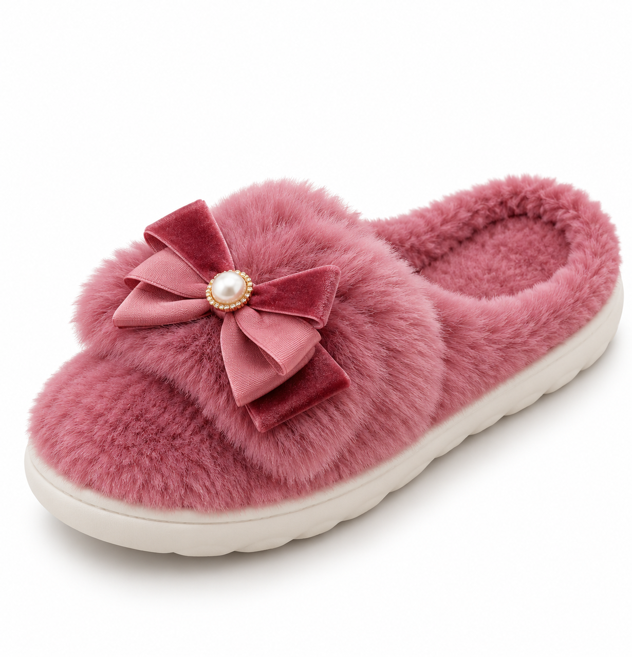 Plush Mauve Bow Slipper with Pearl Accent-1