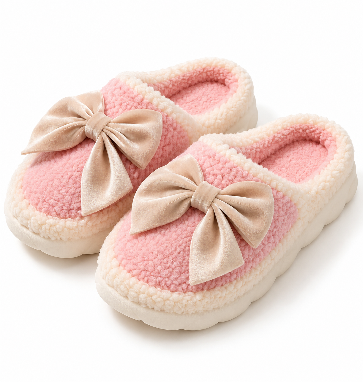Plush Pink Sherpa Bow Slippers-4