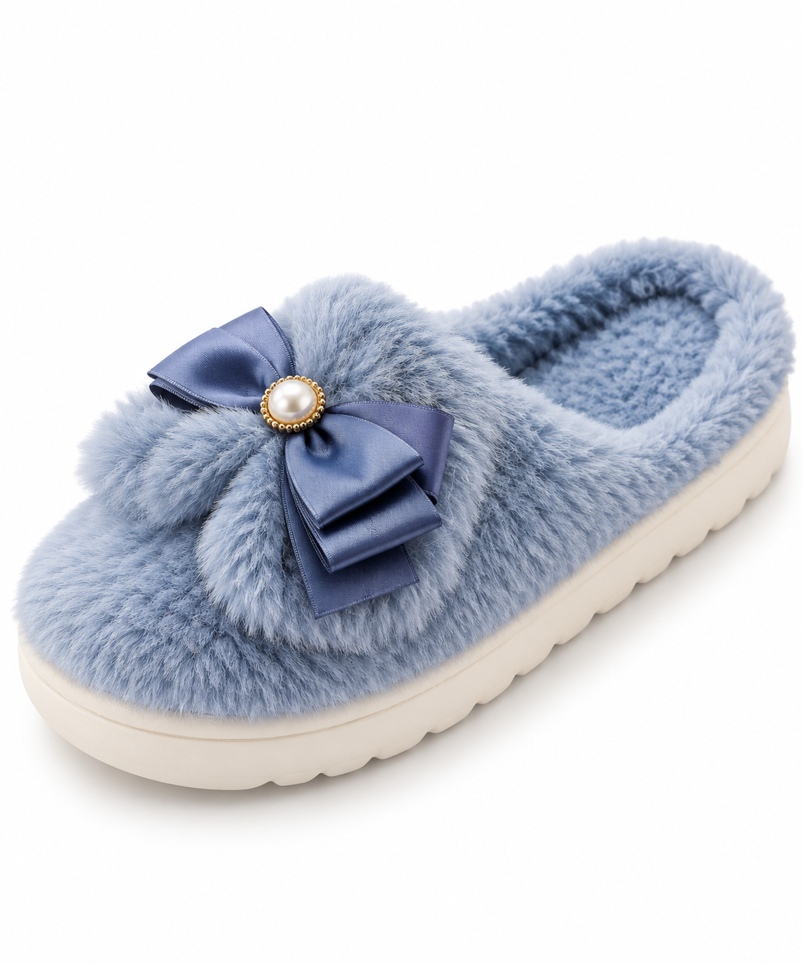Powder Blue Fuzzy Bow Slipper-3