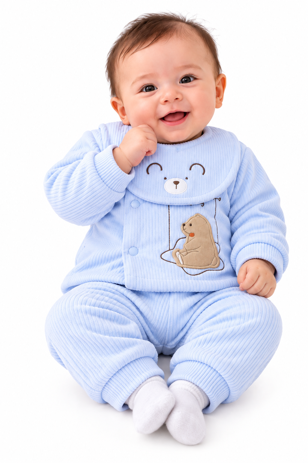 Smiling Baby in Blue Bear Outfit