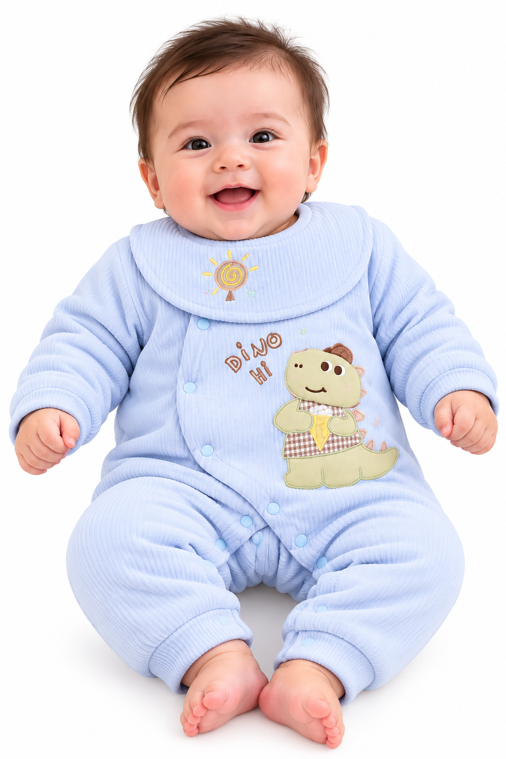 Smiling Baby in Blue Dino Romper