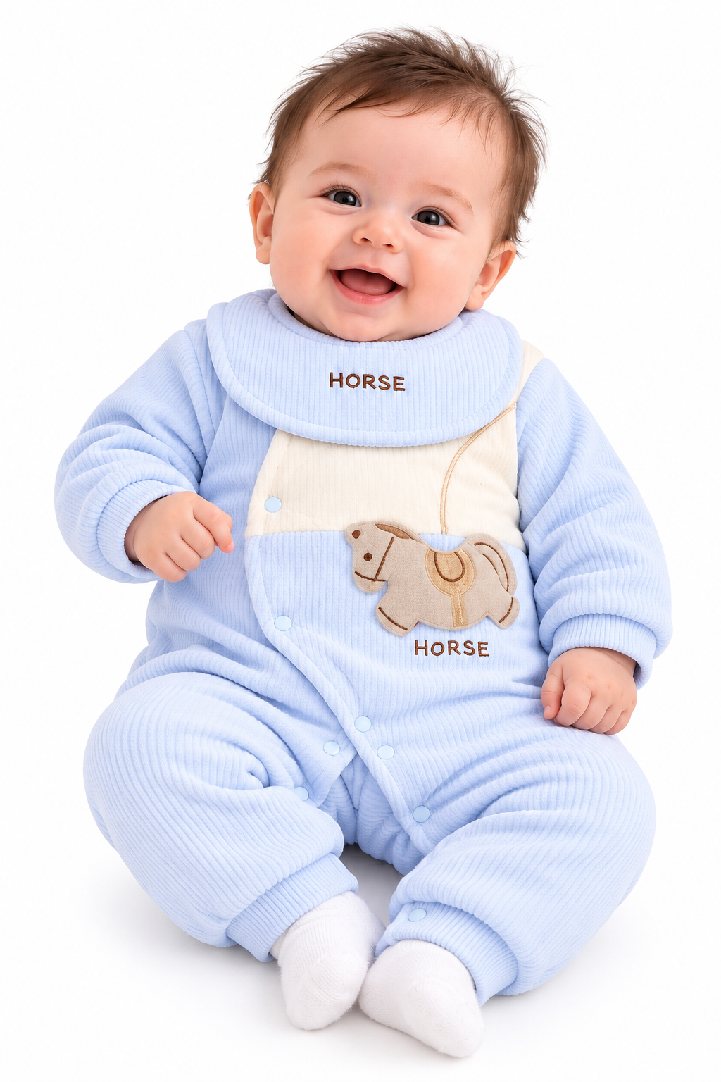 Smiling Baby in Blue Horse Romper