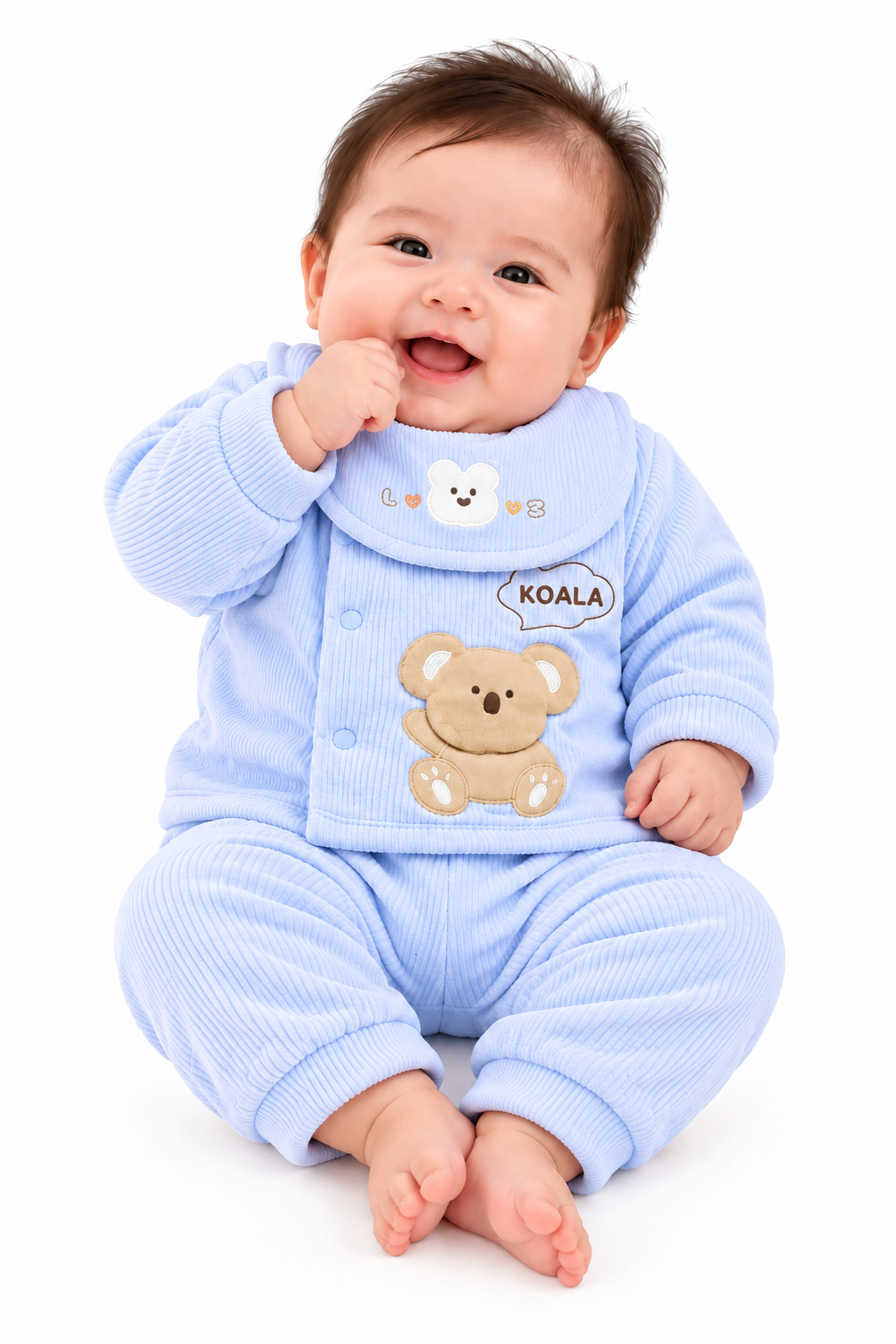 Smiling Baby in Blue Koala Outfit