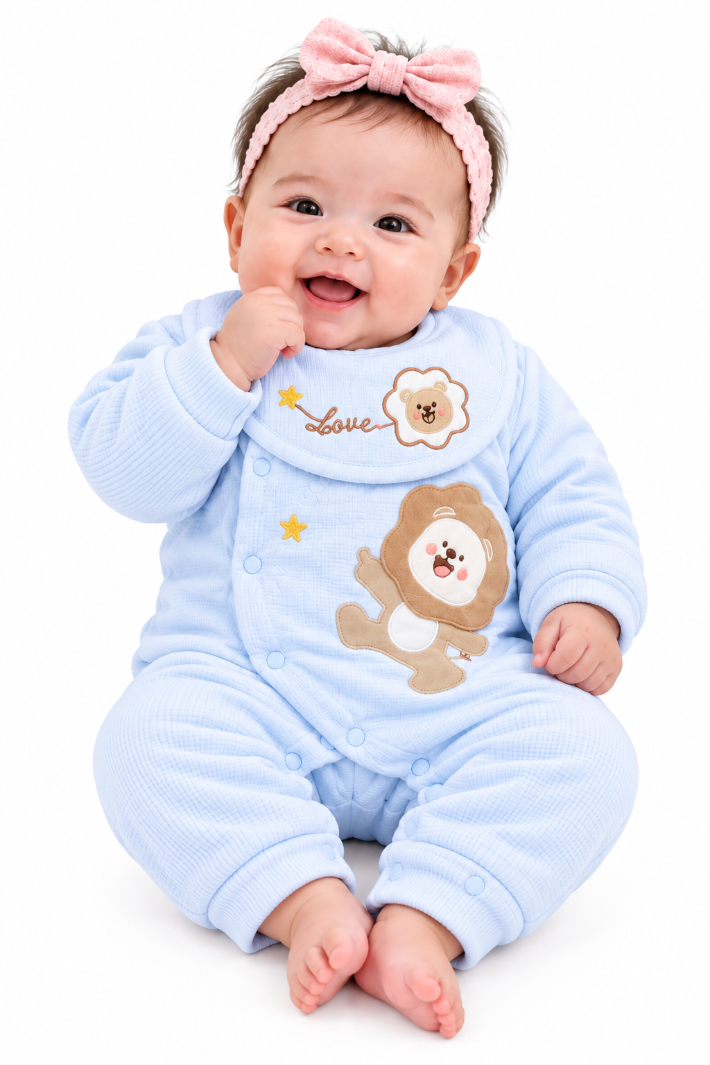 Smiling Baby in Blue Quilted Onesie