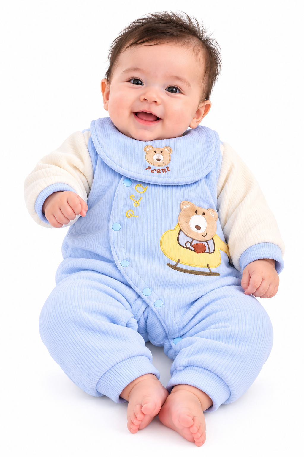 Smiling Baby in Blue Teddy Romper